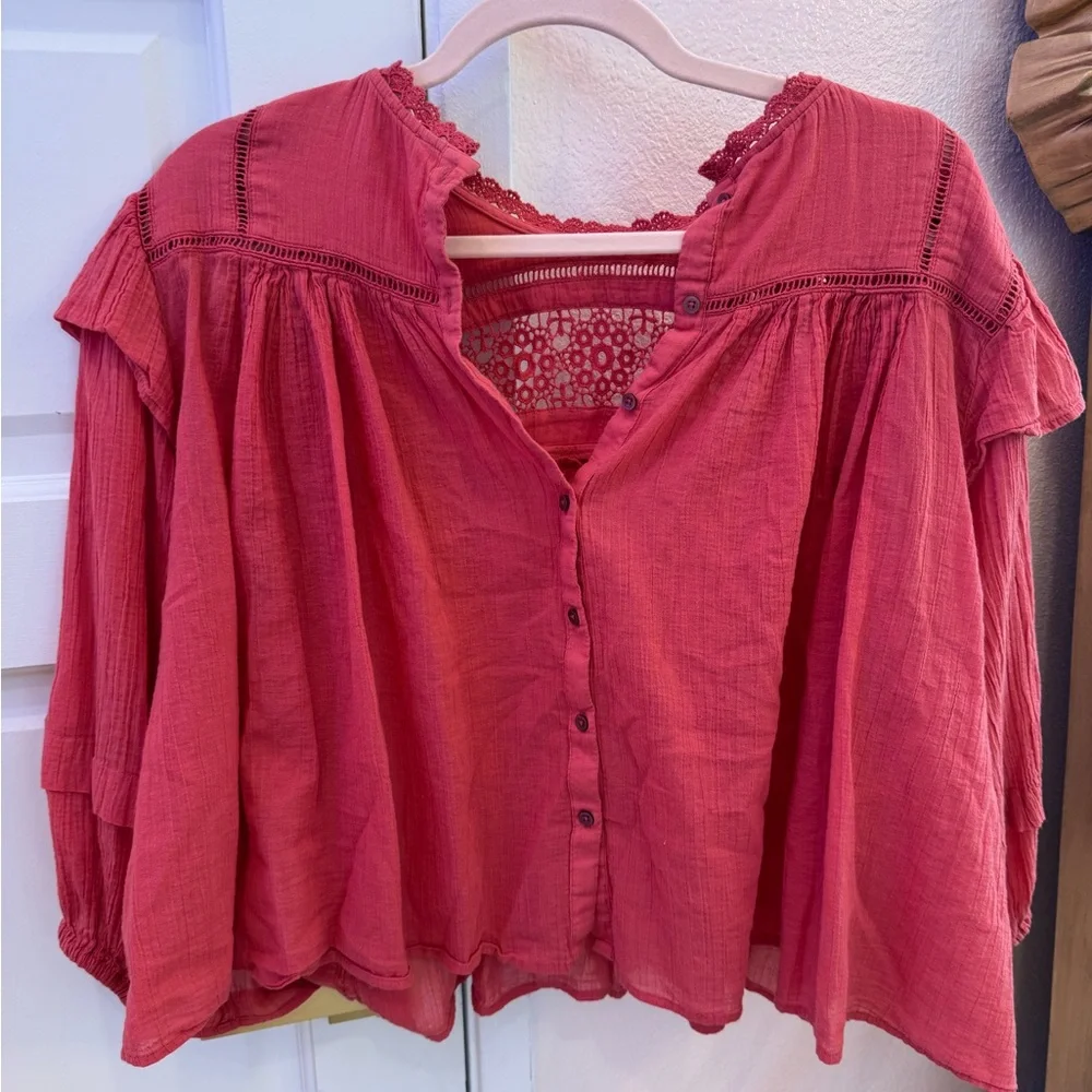 Free People Pink Puff Sleeve Ruffled‎ Blouse - Picture 6 of 12